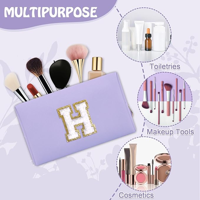 Personalized Chenille Letter Preppy Makeup Bag, Small Initial Purple Cosmetic Bag Travel Toiletry Zipper Pouch Monogram Makeup Storage, Waterproof PU Make Up Case Travel Essentials for Women(Letter H)