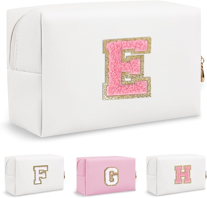 Personalized Chenille Letter Preppy Makeup Bag, Small White Travel Cosmetic Bag Initial Toiletry Zipper Pouch Monogram Makeup Storage, Waterproof Makeup Case Travel Essentials for Women Her(Letter E)