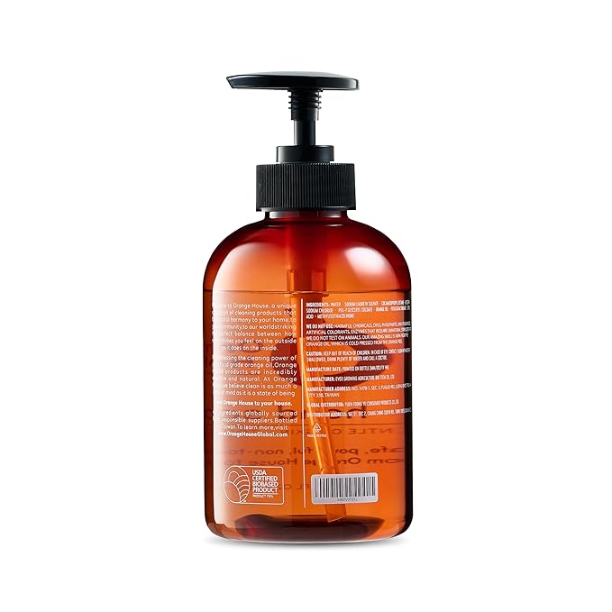 ORANGE HOUSE Natural Liquid Hand Soap, Food-Grade Orange Oil Moisturizing Hand Wash, Plant-Based & Hypoallergenic, Gentle for Sensitive Skin, Non-Toxic Citrus Scented Soap, 12 Fl Oz (6 Pack)