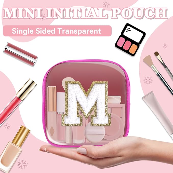 Mini Clear Personalized Initial Makeup Bag,Nylon Preppy A-Z Chenille Letter Patch Zipper Cosmetic Bag, Small Cute Beach Pouch Travel Purse Sanitary Napkin Storage Bag for Women Girls(Hot Pink-White M)