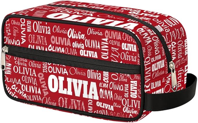 Custom Makeup Toiletry Bag, Personalized Red Travel Cosmetic Organizer Case Portable Bag with Zipper
