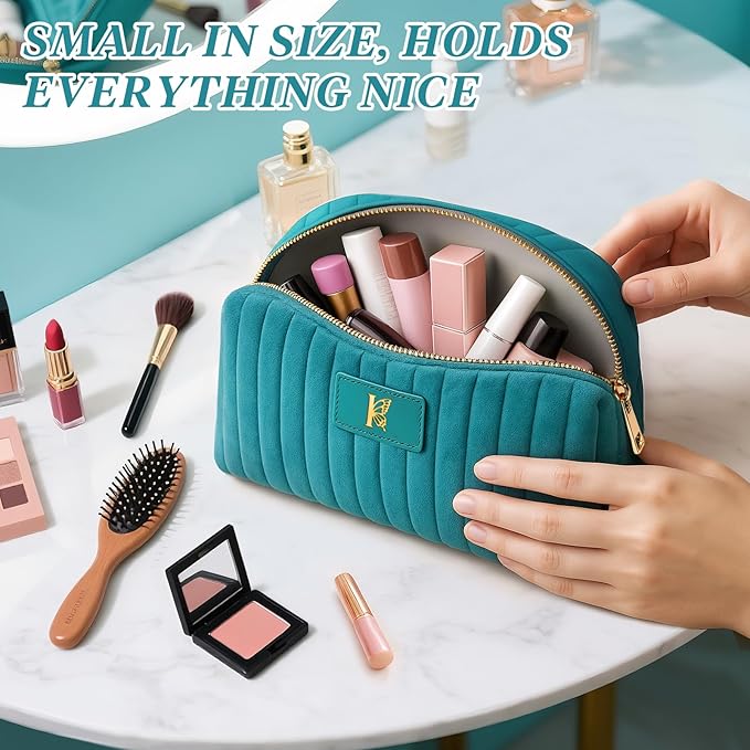 Monogrammed Make Up Bags for Women,Personalized Cosmetic Bags Women,Small Quilted Makeup Pouch,Cute Makeup Bag Travel,Birthday Gifts for Teen Girl (Blue I)