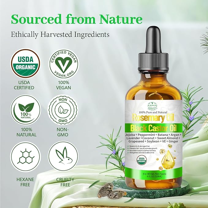 Organic Rosemary Oil for Hair Growth, Rosemary Oils with Castor – USDA Certified Cold Pressed Blend Hair Oil for Thicker, Fuller Hair, Soothe Itchy Scalp & Repair Damaged Hair – 4 fl oz