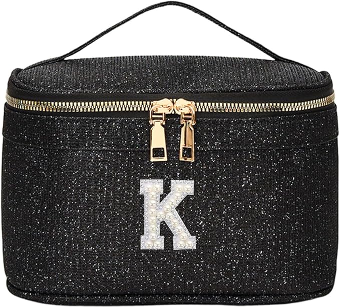 EURYNOME Makeup Bag with Custom Letter K, Water-Resistant Travel Organizer Pouch, (8.3x5.1x5.1 Inch) Cosmetic Case for Women