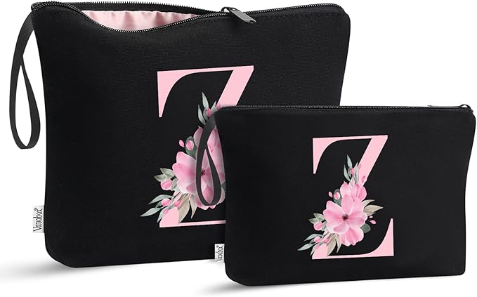 Vavabox A-Z Personalized Makeup Bag, Birthday Gifts for Women Mom, Gifts for Best Friend, Bride Bridesmaid Cosmetic bag (Z, 04-Black Set)
