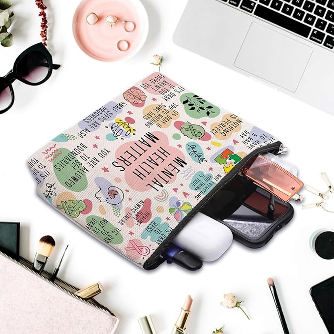 Mental Health Gifts Makeup Bag - Awareness Gift, Daily Affirmation, Positive Quotes Cosmetic Bag for Women