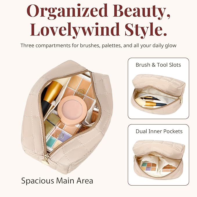 Makeup Bag for Women, Travel Cosmetic Bag Organizer with Compartments, Quilted Puffy Toiletry Pouch for Brushes, Essentials and Accessories, Camel