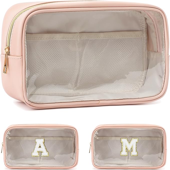 Clear Makeup Bag with 2 Customizable Chenille Letters - Waterproof PU Leather Cosmetic Case, Large Personalized Toiletry Pouch for Women & Teens, Ideal for Travel & Gift