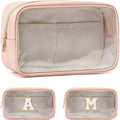 Clear Makeup Bag with 2 Customizable Chenille Letters - Waterproof PU Leather Cosmetic Case, Large Personalized Toiletry Pouch for Women & Teens, Ideal for Travel & Gift