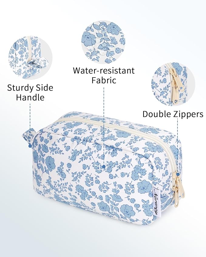 Narwey Small Makeup Bag for Purse Travel Makeup Pouch Mini Cosmetic Bag Zipper Pouch for Women (Little Blue Flower, Small)