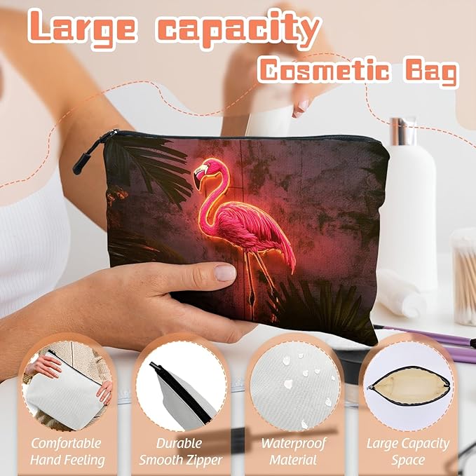 Cosmetic Bags Travel Makeup Toilet Case Waterproof Pouch for Women Girls 6.7X9.45inches - Pink Flamingo With Neon Lighting