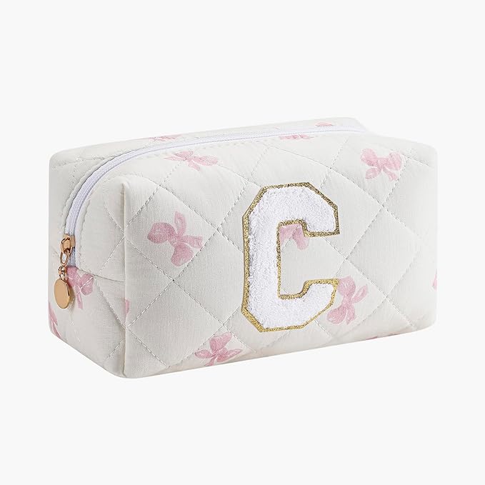 Gleyemor Personalized Initial Makeup Bag for Women, Cute Quilted Pink Floral Cotton Cosmetic Bag, Christmas Gifts for Her Mom Friend Sister Bridesmaid Teacher Women C