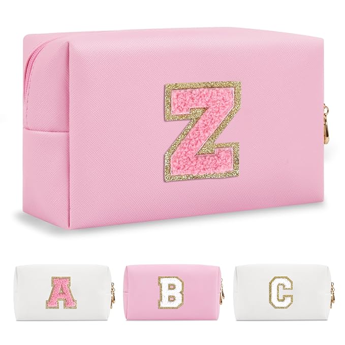 Personalized Initial A-Z Preppy Patch Makeup Bag,Small PU Leather Chenille Letter Cosmetic Bag with Zipper for Teen Girls,Pink Cute Travel Toiletry Bag,Birthday Monogrammed Gift for Daughter,Letter Z