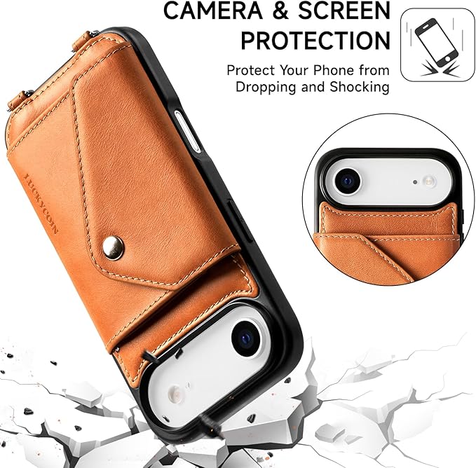 LUCKYCOIN Crossbody Wallet Phone Case for iPhone Air,100% Genuine Leather Wallet Phone Case with Expandable Flip Card Holder,Phone Purse for Women with Adjustable Removable Strap - Tan