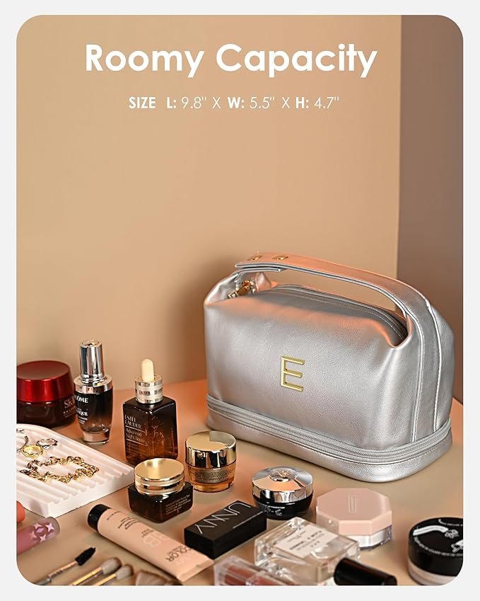 Customized Gifts for Women, Monogrammed Makeup Bag with Handle, Initial Double Layer Cosmetic Bag with Makeup Brush Organizer, Cute Cosmetic Pouch for Women, Gifts for Friends Female Mom