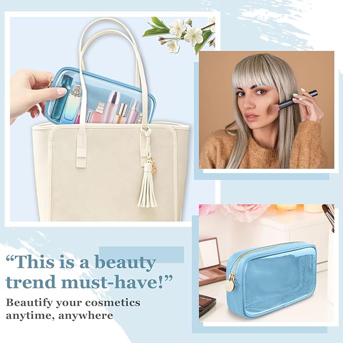 Nylon Small Clear Makeup Bag for Purse, Cute Makeup Bag Preppy Cosmetic Zipper Pouch Purse, Waterproof Travel Toiletry Bag Coin Pouch Clutch Make Up Brush Bag Organizer Storage for Women Ladies(Blue)