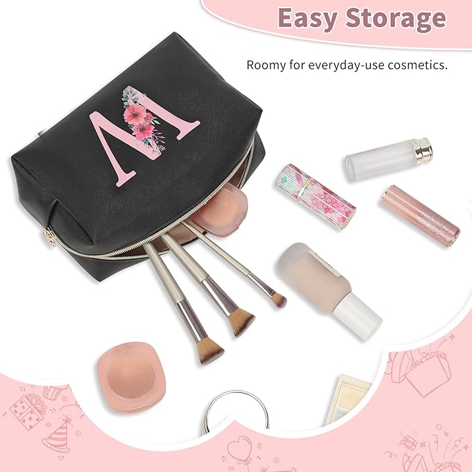 Personalized Initial Makeup Bag, Birthday Gifts for Women and Girls, Small Makeup Pouch Travel Toiletry Bag, Make Up Organizer Bag Gift Trendy Stuff for Friend Mom Teacher, Black