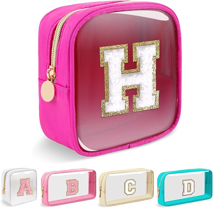 Mini Clear Personalized Initial Makeup Bag,Nylon Preppy A-Z Chenille Letter Patch Zipper Cosmetic Bag, Small Cute Beach Pouch Travel Purse Sanitary Napkin Storage Bag for Women Girls(Hot Pink-White H)