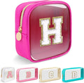 Mini Clear Personalized Initial Makeup Bag,Nylon Preppy A-Z Chenille Letter Patch Zipper Cosmetic Bag, Small Cute Beach Pouch Travel Purse Sanitary Napkin Storage Bag for Women Girls(Hot Pink-White H)