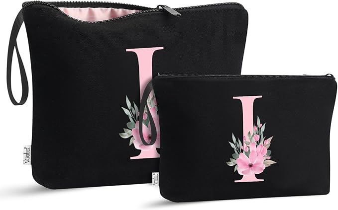 Vavabox A-Z Personalized Makeup Bag, Birthday Gifts for Women Mom, Gifts for Best Friend, Bride Bridesmaid Cosmetic bag (I, 04-Black Set)