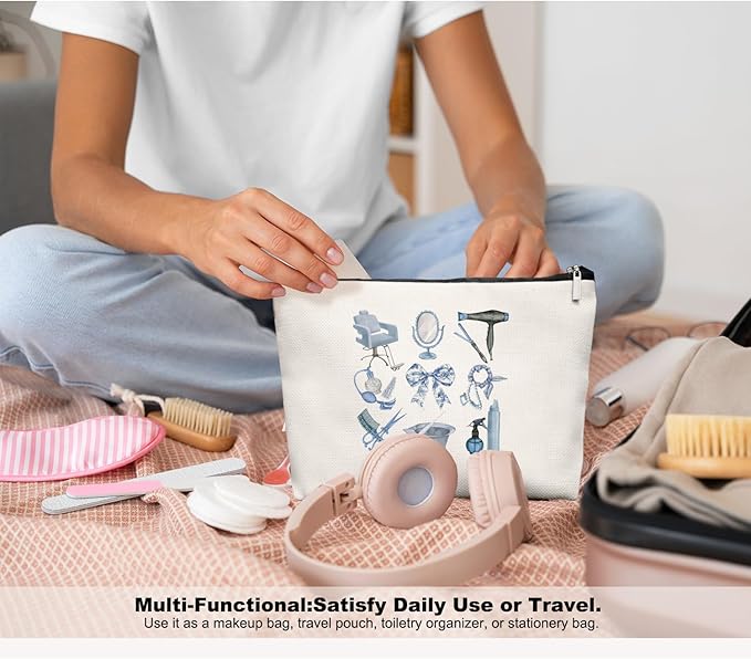 Blue Chinoiserie Bow Hairstylist Makeup Bag, Cosmetology Student Gift for Women, Cute Hairdresser Travel Pouch, Aesthetic Blue Toile Salon Organizer for Teen Girls, 7.5 x 10 in