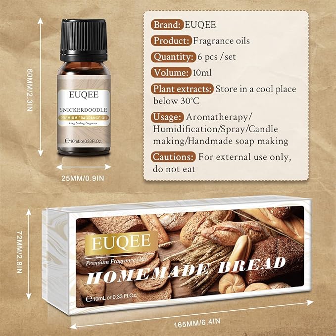 EUQEE 6PCS Premium Fragrance Oils for Homemade Bread-10ml-Pumpkin Pie, Coconut Cream, Snickerdoodle, Coffee Cake, Blueberry Pancakes, Salted Caramel Pumpkin