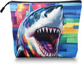 Cosmetic Bags Travel Makeup Toilet Case Waterproof Pouch for Women Girls 6.7X9.45inches - Graffiti - Style Shark Painting With Colorful Squares