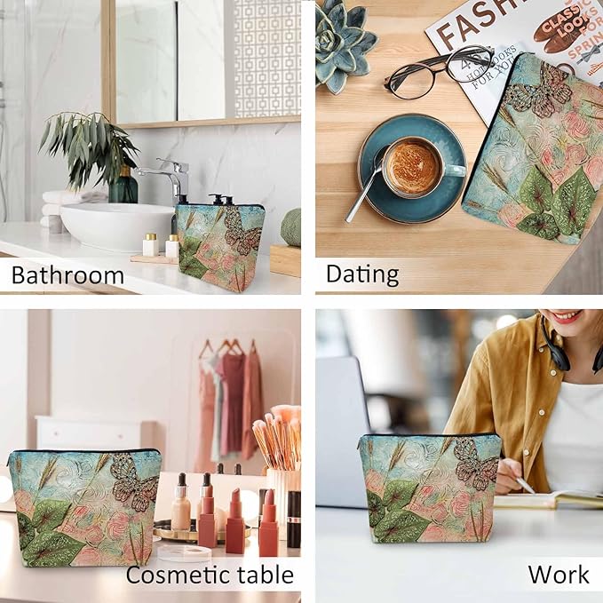 Women Cosmetic Bag Butterfly, Pond Green Leaves Floral Butterflies Cute Makeup Bag For Purse Cosmetic Travel Bag For Toiletries Makeup Storage Bag Flax Skincare Bag Make Up Pouch Bags