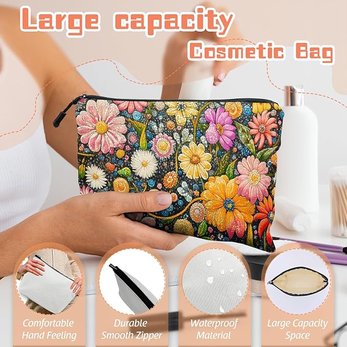 Cosmetic Bags Travel Makeup Toilet Case Waterproof Pouch for Women Girls 6.7X9.45inches - Colorful Flowers on A Black Background