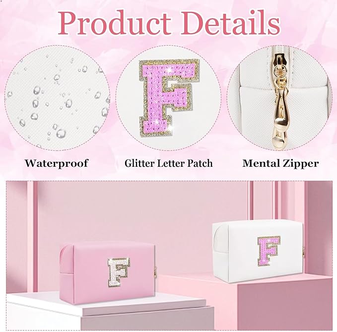 Glitter Initial Letter Makeup Bag, Small Personalized Sequins Letters PU Leather Cosmetic Bag Portable Waterproof Makeup Zipper Pouch, Shine Handbag Organizer Travel Bag Gifts for Women&Girls(White-F)