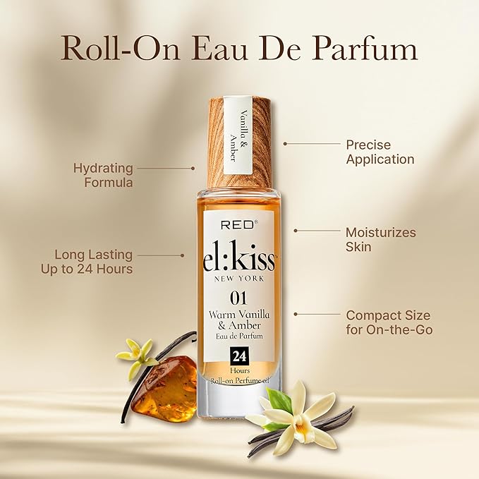 EL:KISS Roll On Perfume, Warm Vanilla & Amber Eau de Parfum 12mL (.40 Fl Oz), Hydrating & Long-Lasting, Alcohol-Free & Mineral Oil-Free, Infused with Jojoba, Argan & Coconut Oil
