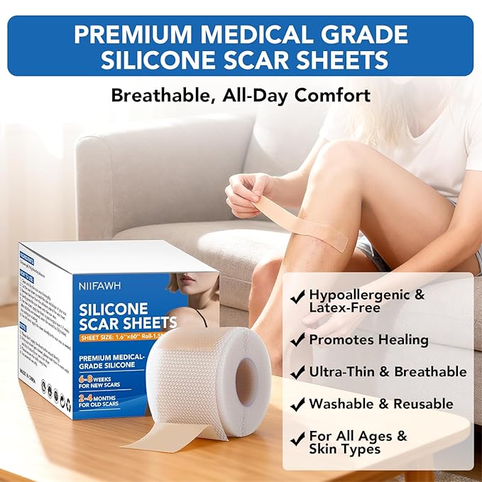 Silicone Scar Sheets, Silicone Scar Tape(1.6"x 60" Roll-1.5M) - Reusable, Soft & Medical Grade Adhesive Tape for Old & New Scars, C-Section, Surgery, Keloid & Acne Scars