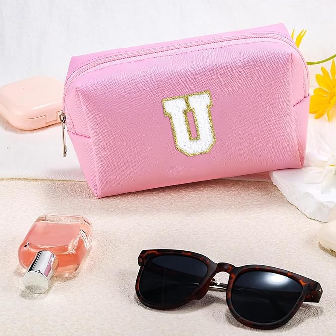 Initial Makeup Bag Personalized Preppy Travel Small Cosmetic Bag Cute PU Pink Chenille Letter Makeup Pouch for Purse Waterproof Zippered Toiletry Organizer for Women Girls Kids Friends(U)
