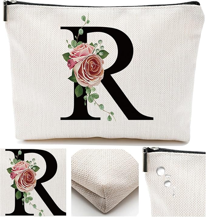 Initial A-Z Personalized Letter Makeup Bag, Monogrammed Bridesmaid Gifts/Presents Cosmetic Bag, Portable Stationery Storage Organizer Pouch, Friendship Love Travel Makeup Bags