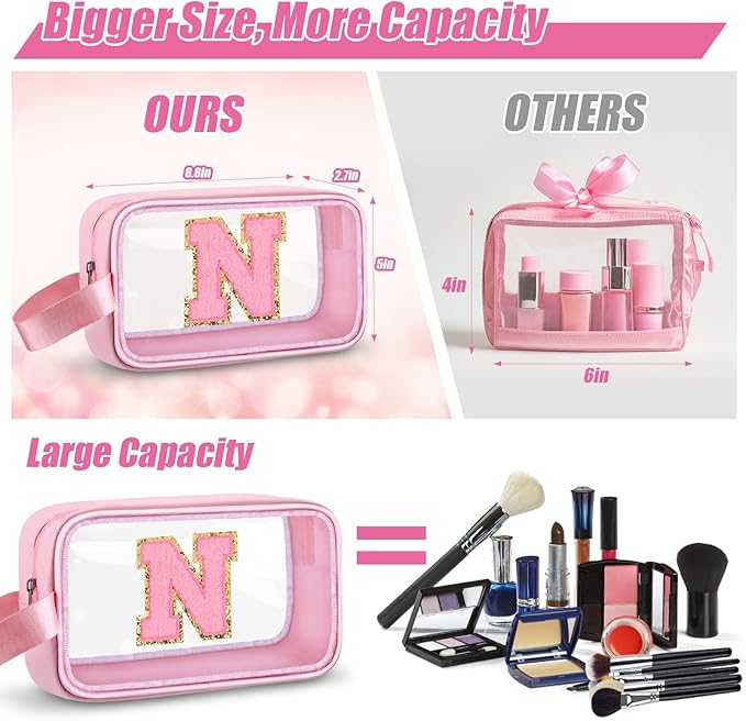 Initial Makeup Bag,Letter N Cute Clear Monogrammed Cosmetic Travel Bag for Womens Girls,Personalized Pink Aesthetic Traveling Make Up Organizer Bag for Beach,Waterproof Toiletry Bag