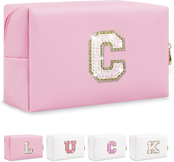 Personalized Initial Letter Makeup Bag, Preppy Glitter Letter Patch Cosmetic Pouch Zipper,PU Waterproof Travel Toiletry Bag Cute Makeup Organizer Monogrammed Make Up Bag,Gift for Women Girls