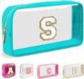 Small Clear Personalized Initial Makeup Bag,Nylon Preppy A-Z Chenille Letter Patch Cosmetic Pouch Beach Toiletry Bag,Waterproof Zipper Travel Purse Storage Bag Organizer for Women Girls(Cyan-White S)