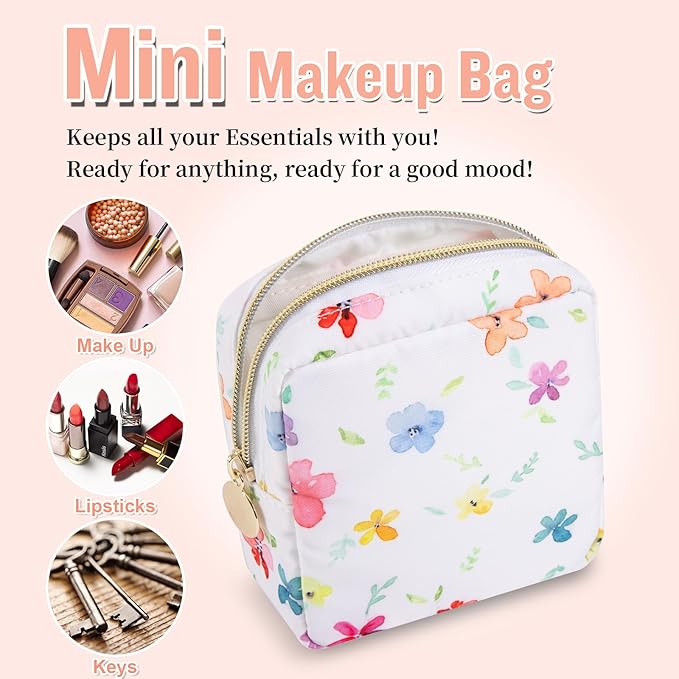Nylon Mini Floral Makeup Bag for Purse, Small Cute Makeup Bag Preppy Flower Cosmetic Zipper Pouch, Waterproof Travel Set Coin Pouch Sanitary Napkin Storage Bag Makeup Organizer for Women(White-Flower)