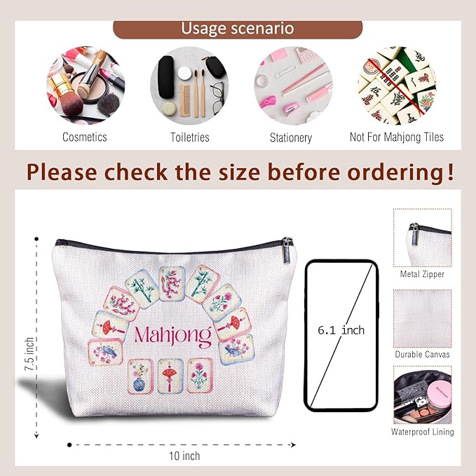 Chinoiserie Chinese Mahjong Makeup Bag, Mah Jong Gifts for Women Cosmetic Bags, Gifts for Mahjong Players Lovers Makeup Zipper Pouch