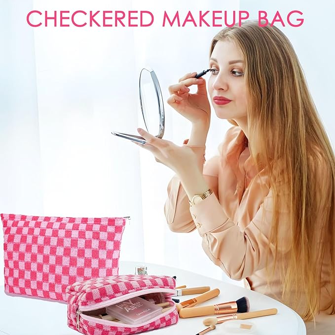 Travel Makeup Bag, Checkered Cosmetic Bag Make Up Organizer Case for Women, Small Toiletry Bag Skincare Pouch for Toiletries Accessories Brushes, 2PCS