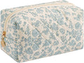 Cute Square Floral Cotton Makeup Cosmetic Bag for Women Girls, Travel Quilted Zipper Make Up Bag, Square Flowers Organizer Case Kawaii Makeup Cosmetic Travel Cloth Pouch (Blue Floral)
