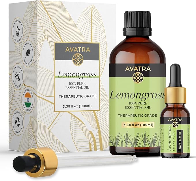 Avatra Lemongrass Essential Oil 100ML (3.38 OZ) with Glass Dropper and Travel Bottle, Pure and Natural Therapeutic Grade Lemongrass Oil for Diffuser, Aromatherapy, Massage, and DIY Candle Products
