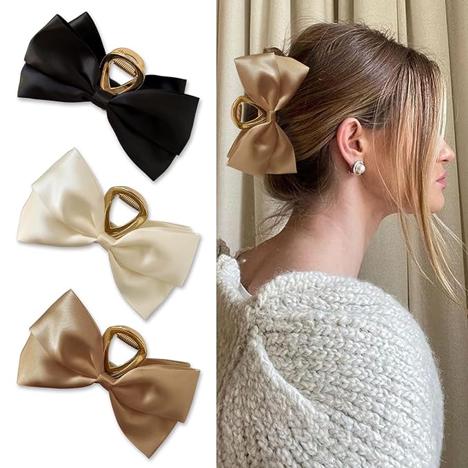 YONOY 3PCS Metal Claw Hair Clips for Women & Girls - Premium Bow-knot Nonslip Claw Clips for Thick & Thin Hair, Big Bows (Black, White, Khaki)