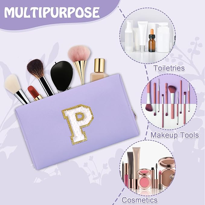 Personalized Initial Preppy Makeup Bag Organizer, Small Purple Cosmetic Bag Travel Toiletry Zipper Pouch for Purse, Portable Waterproof PU Monogram Make Up Case Party Gifts for Women Friends(Letter P)
