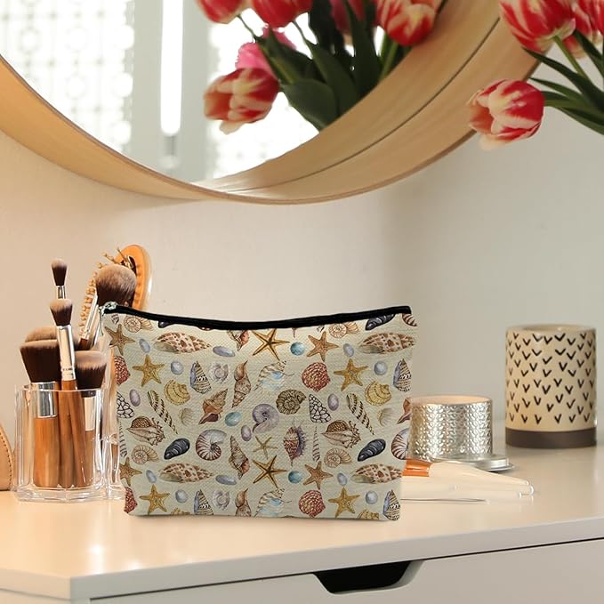 Costal Beach Makeup Cosmetic Bag for Women - Women's Beach Gifts, Seashell Starfish Beachy Small Makeup Bag Pouch for Purse