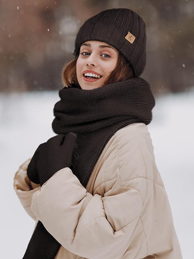Winter Beanie Hat Scarf Gloves, Warm Fleece Knit Hat Long Scarf Neck Warmer Touch Screen Winter Gloves Set Gifts for Women