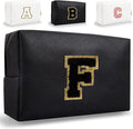 Small Personalized Letter Makeup Bag, Cute PU Leather Chenille Letters Cosmetic Bag Travel Makeup Pouch, Preppy Travel Organizer Zipper Pouch for Women&Girls（Black-F）