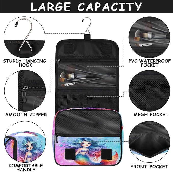 Travel Toiletry Bag for Women & Men Mermaid Rainbow Snowflake Hanging Cosmetic Organizer Portable Waterproof Makeup Case Make Up Bag with Compartments Travel Essentials for Bathroom Shower