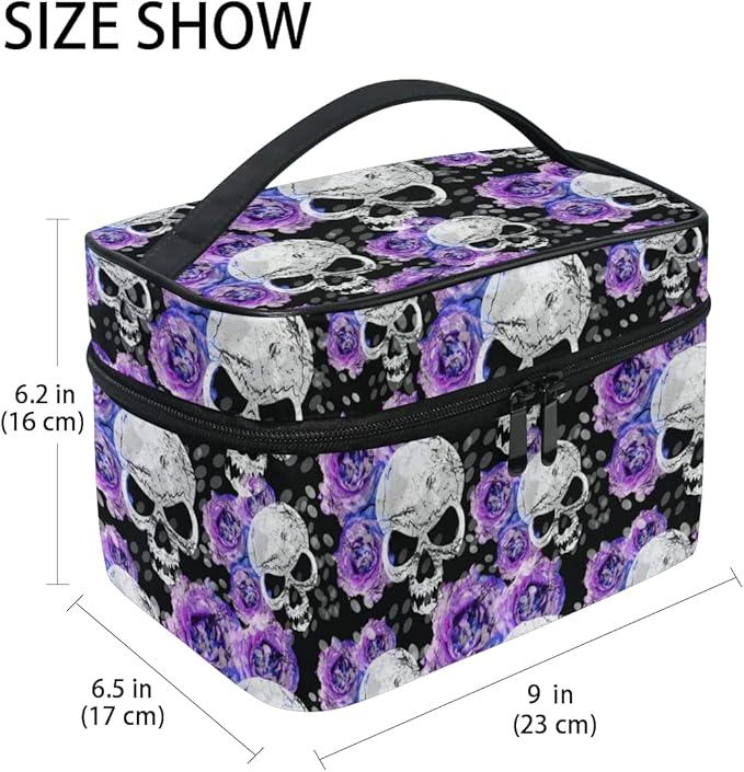 Skull Makeup Bag Purple, Flowers and Skull Gothic Makeup Organizer Bags Toiletry Bag Box Travel Cosmetic Bag Make Up Train Case for Women Teen Girl Ladies