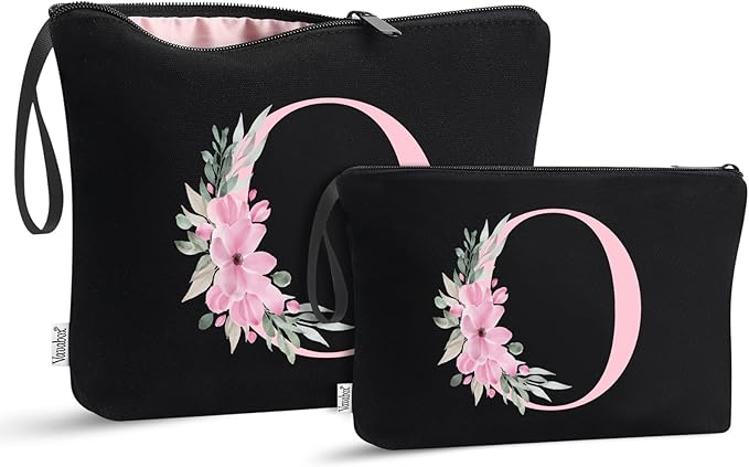 Vavabox A-Z Personalized Makeup Bag, Birthday Gifts for Women Mom, Gifts for Best Friend, Bride Bridesmaid Cosmetic bag (O, 04-Black Set)